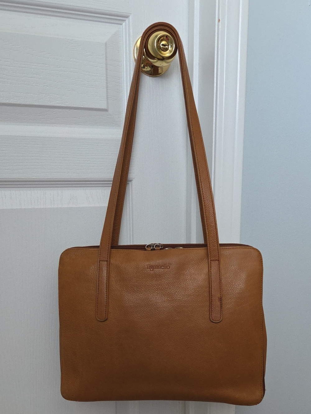 Vintage Tignanello Tan Leather Double Zipper Organizer Laptop Shoulder Bag